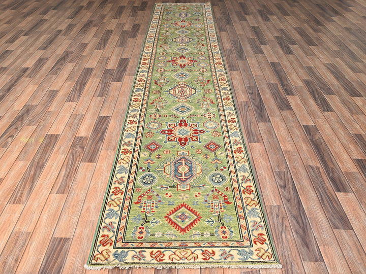 2'8" x 12'11" New Hand Knotted Green Wool Runner Oriental Rug - MOA1022027