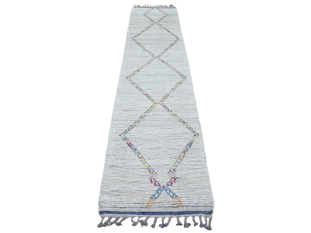 2'4" x 10'7" New Hand Knotted Ivory Wool Runner Oriental Rug - MOA10220283