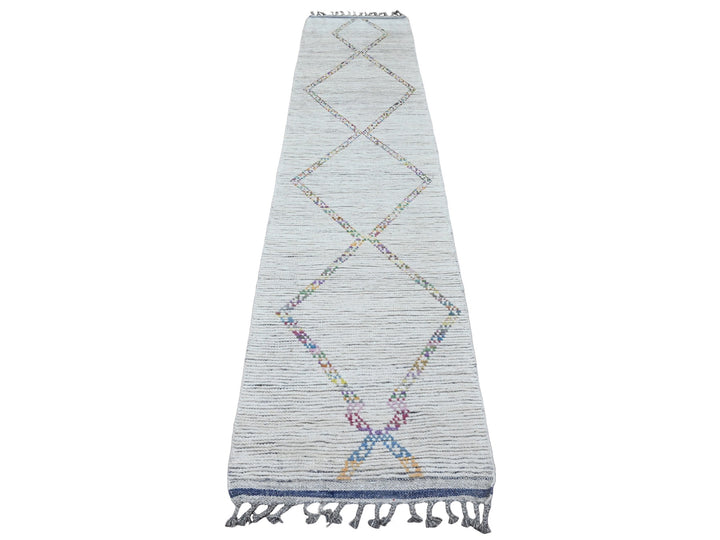 2'4" x 10'7" New Hand Knotted Ivory Wool Runner Oriental Rug - MOA10220283