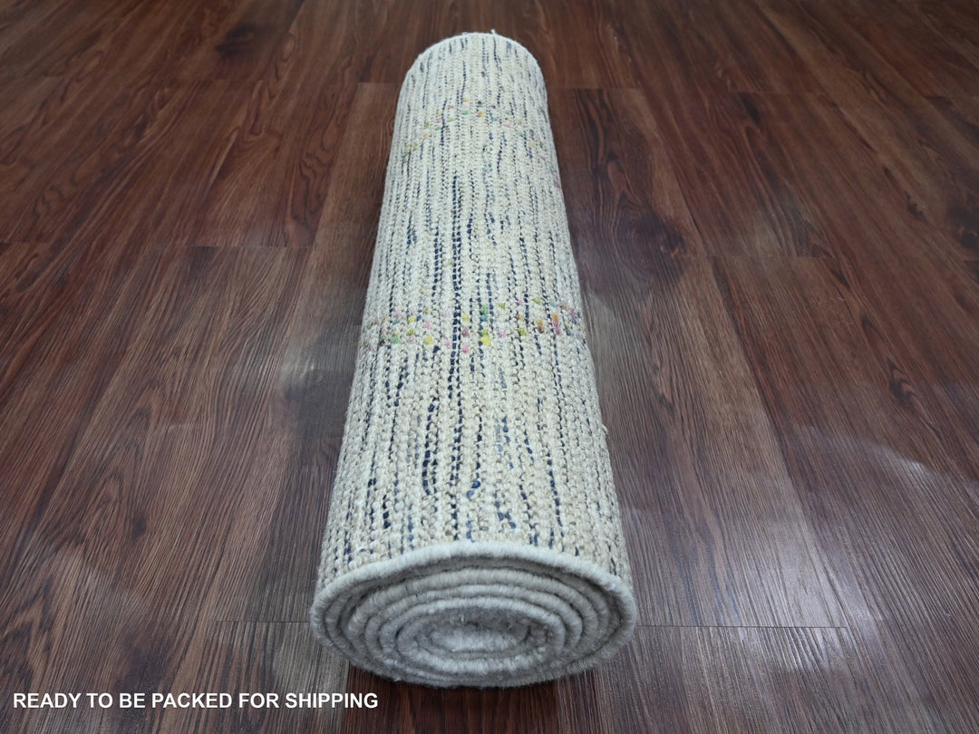 2'4" x 10'7" New Hand Knotted Ivory Wool Runner Oriental Rug - MOA10220283