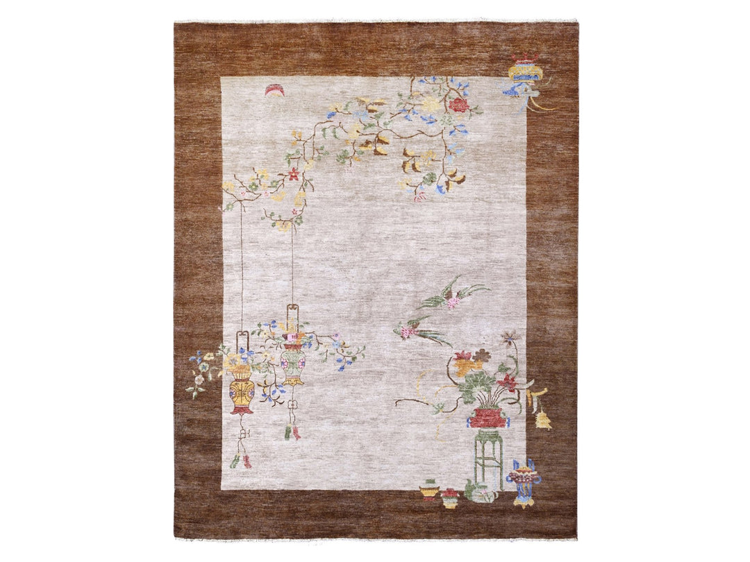 7'10" x 10'1" New Hand Knotted Ivory Wool Rectangle Oriental Rug - MOA10220395
