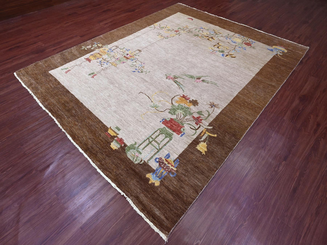 7'10" x 10'1" New Hand Knotted Ivory Wool Rectangle Oriental Rug - MOA10220395