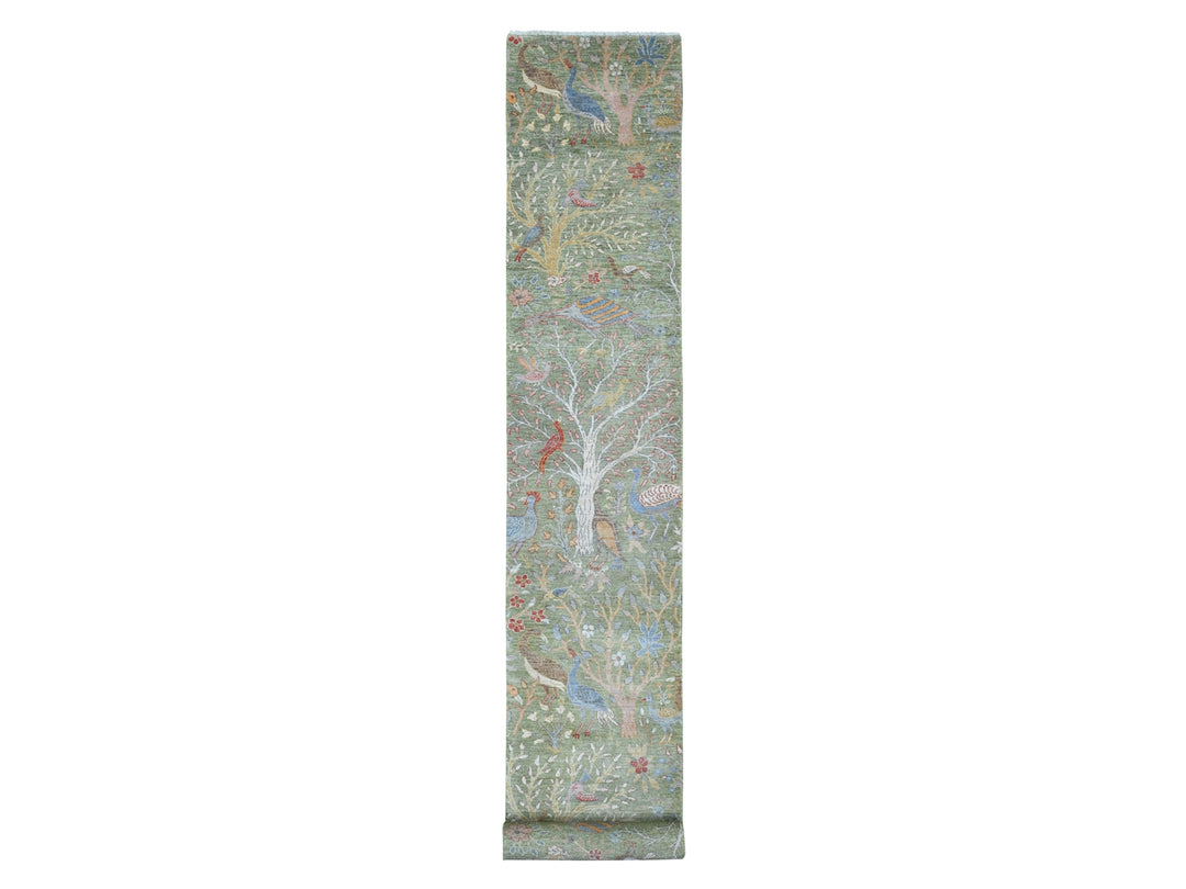 2'7" x 19'9" New Hand Knotted Green Wool Runner Oriental Rug - MOA10220431