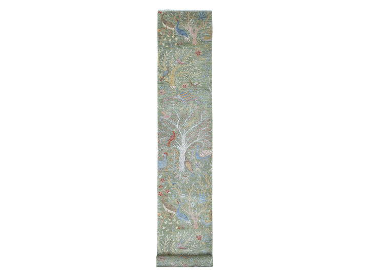 2'7" x 19'9" New Hand Knotted Green Wool Runner Oriental Rug - MOA10220431