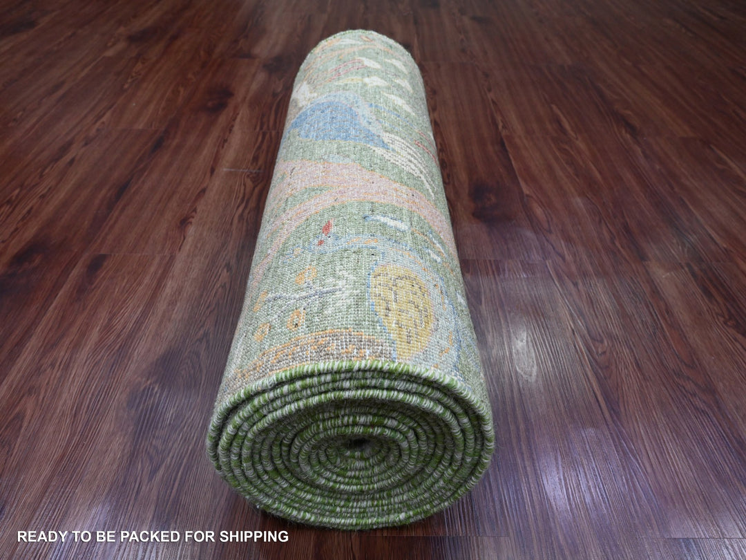 2'7" x 19'9" New Hand Knotted Green Wool Runner Oriental Rug - MOA10220431
