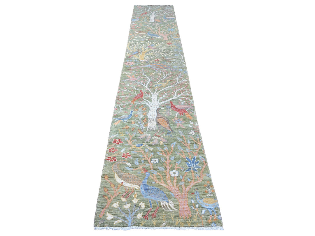 2'7" x 15'1" New Hand Knotted Green Wool Runner Oriental Rug - MOA10220433