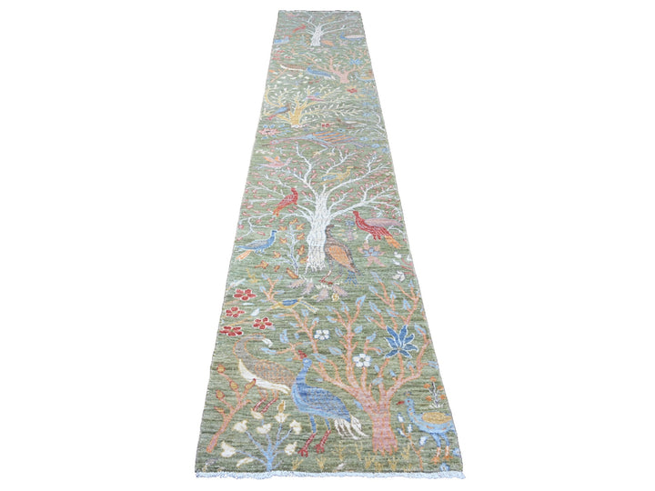 2'7" x 15'1" New Hand Knotted Green Wool Runner Oriental Rug - MOA10220433