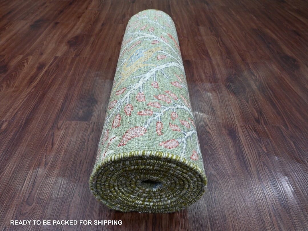 2'7" x 15'1" New Hand Knotted Green Wool Runner Oriental Rug - MOA10220433
