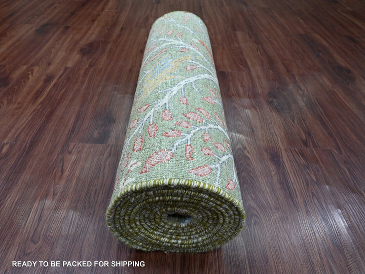 2'7" x 15'1" New Hand Knotted Green Wool Runner Oriental Rug - MOA10220433