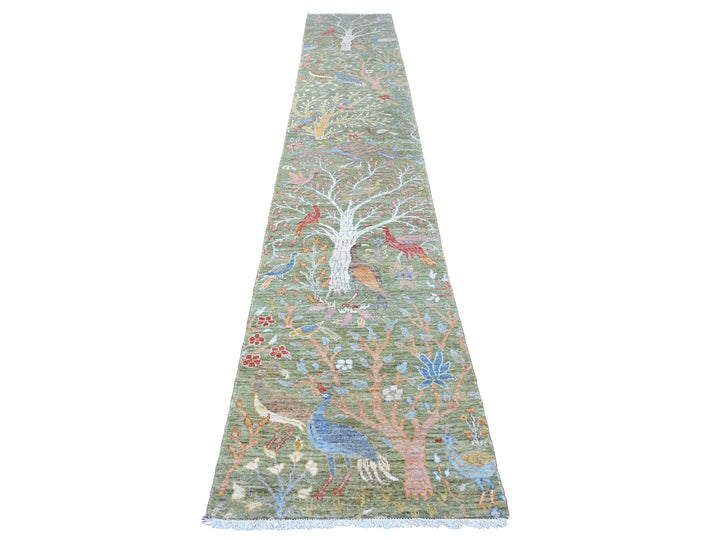 2'7" x 15'2" New Hand Knotted Green Wool Runner Oriental Rug - MOA10220436