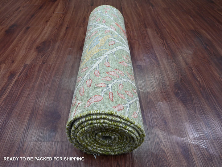 2'7" x 15'2" New Hand Knotted Green Wool Runner Oriental Rug - MOA10220436