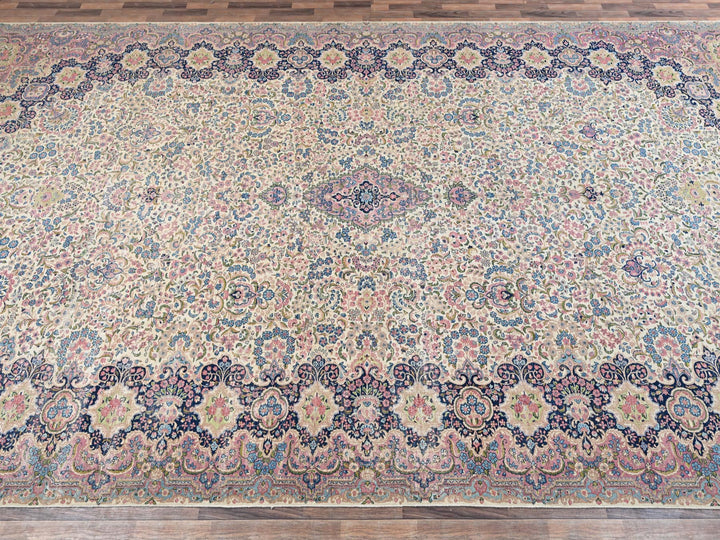 11'9" x 23'0" Vintage Hand Knotted Ivory Wool Rectangle Oriental Rug - MOA1022046
