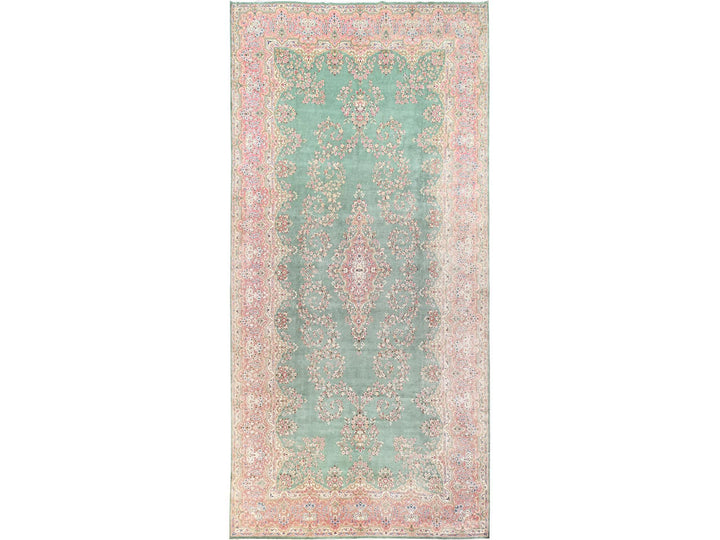 9'7" x 20'0" Vintage Hand Knotted Green Wool Rectangle Oriental Rug - MOA1022050