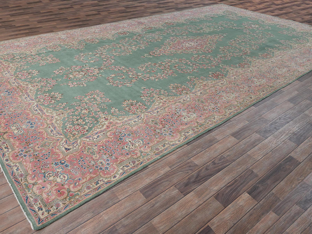 9'7" x 20'0" Vintage Hand Knotted Green Wool Rectangle Oriental Rug - MOA1022050