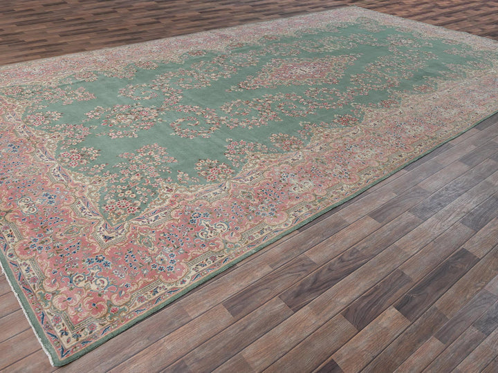 9'7" x 20'0" Vintage Hand Knotted Green Wool Rectangle Oriental Rug - MOA1022050