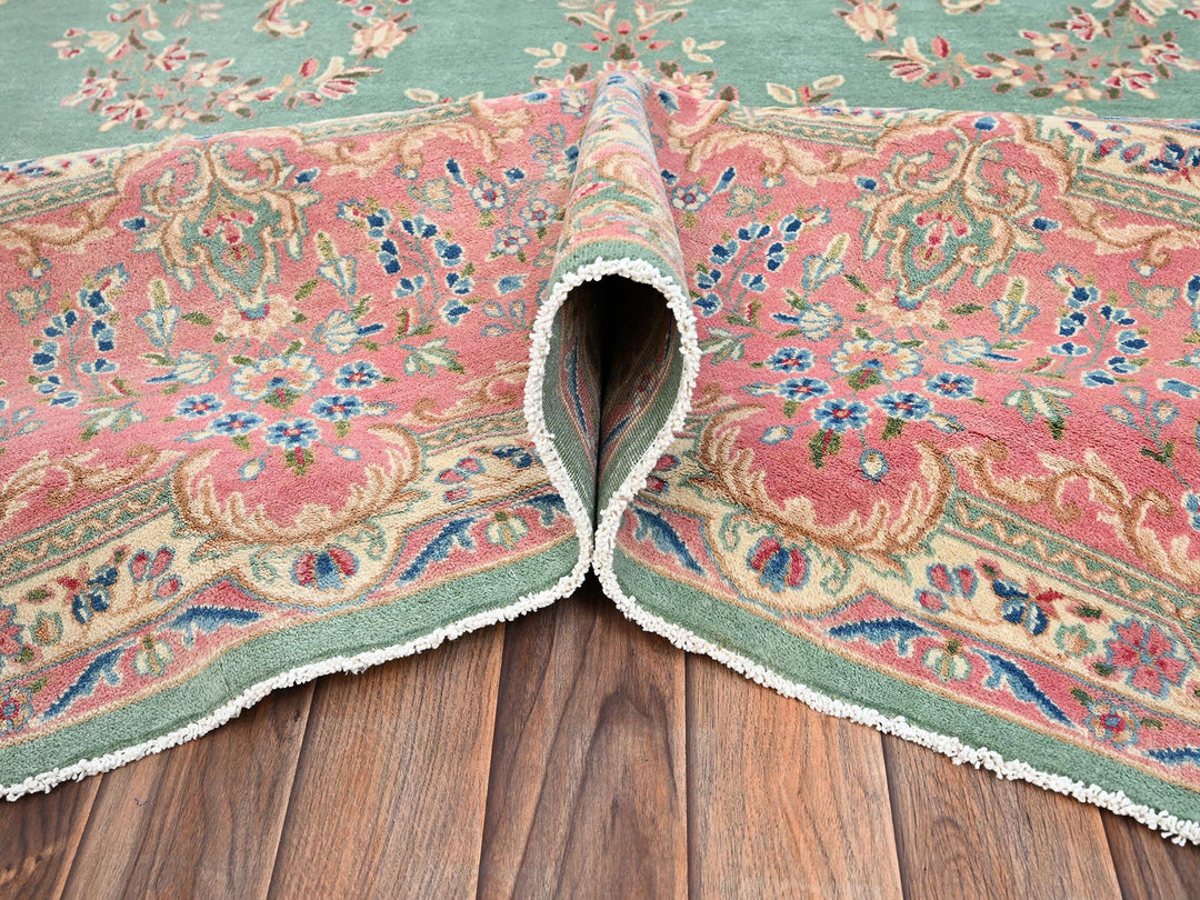 9'7" x 20'0" Vintage Hand Knotted Green Wool Rectangle Oriental Rug - MOA1022050