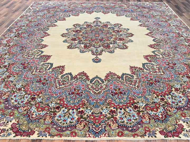 11'8" x 13'7" Vintage Hand Knotted Ivory Wool Square Oriental Rug - MOA1022051