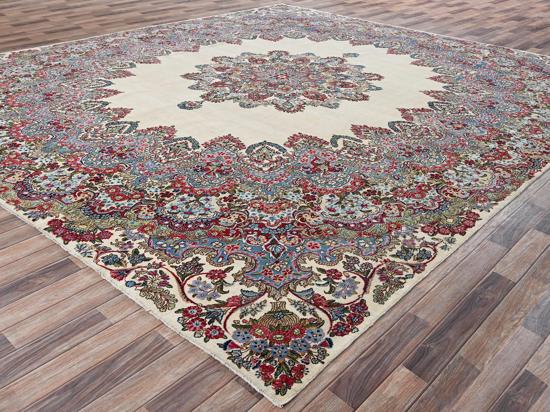11'8" x 13'7" Vintage Hand Knotted Ivory Wool Square Oriental Rug - MOA1022051