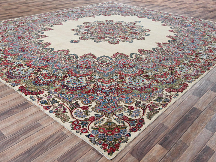 11'8" x 13'7" Vintage Hand Knotted Ivory Wool Square Oriental Rug - MOA1022051