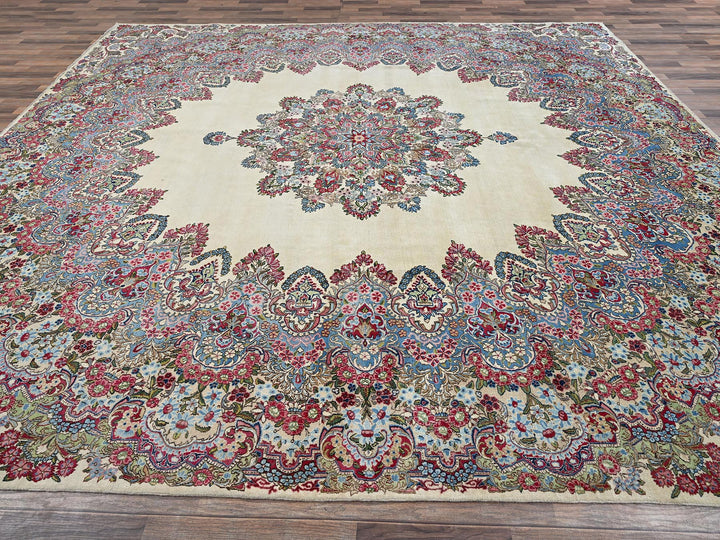 11'8" x 13'7" Vintage Hand Knotted Ivory Wool Square Oriental Rug - MOA1022051