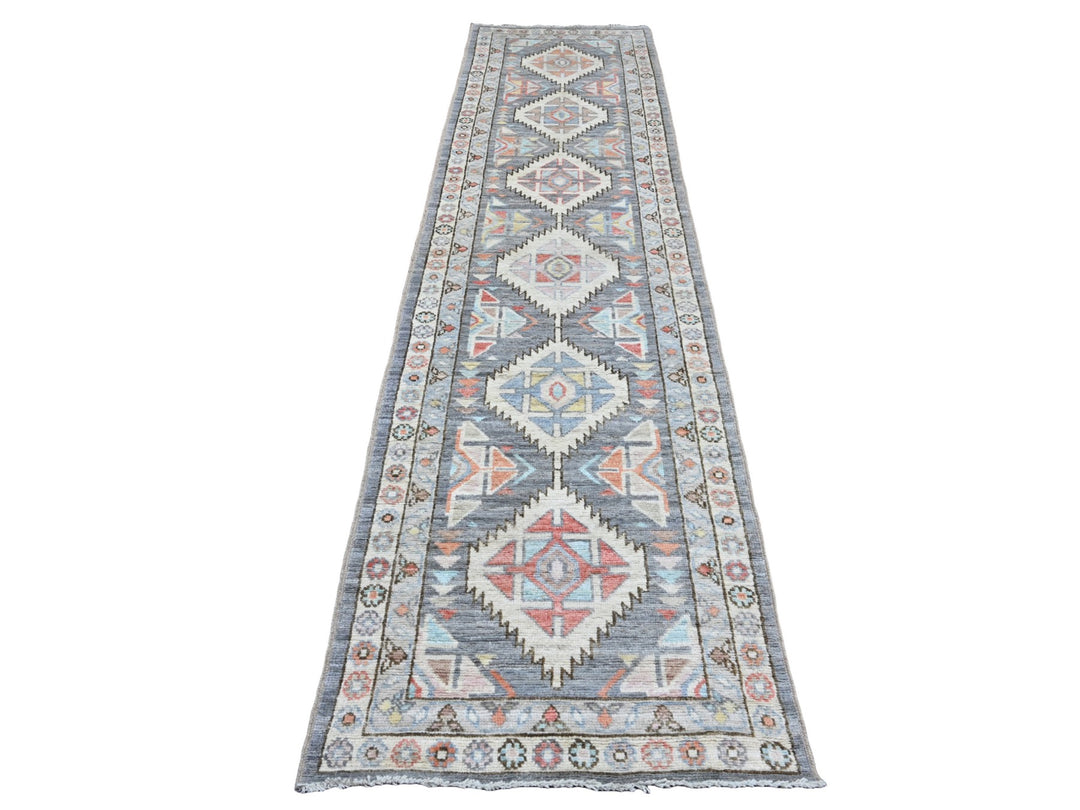 2'11" x 11'6" New Hand Knotted Grey Wool Runner Oriental Rug - MOA10220531