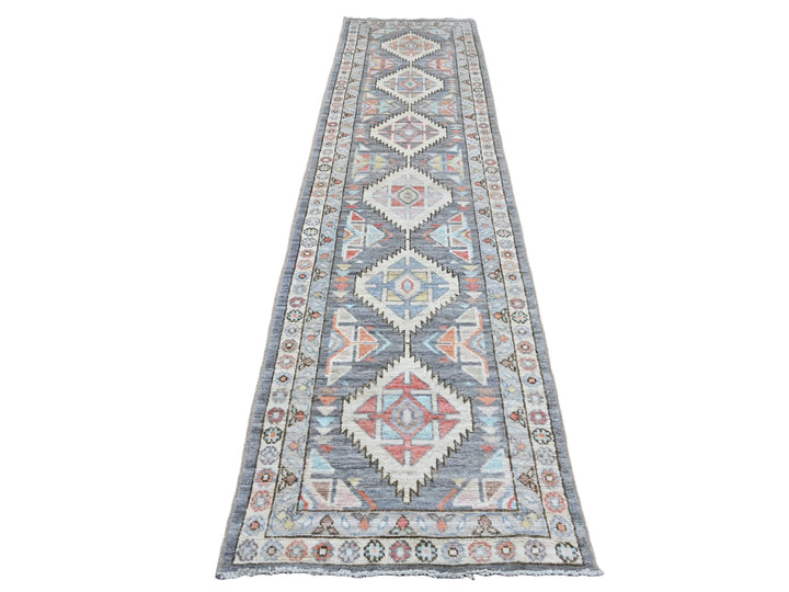 2'11" x 11'6" New Hand Knotted Grey Wool Runner Oriental Rug - MOA10220531