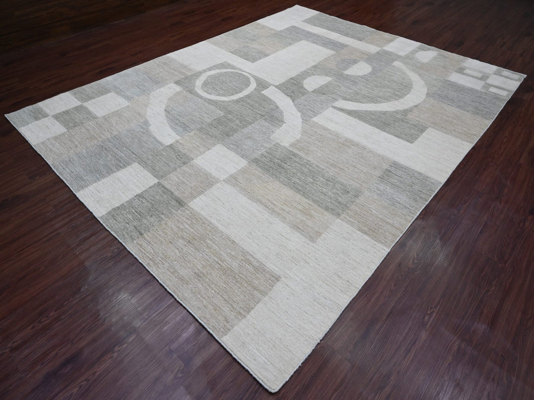8'9" x 11'6" New Hand Knotted Grey Wool Rectangle Oriental Rug - MOA10220540