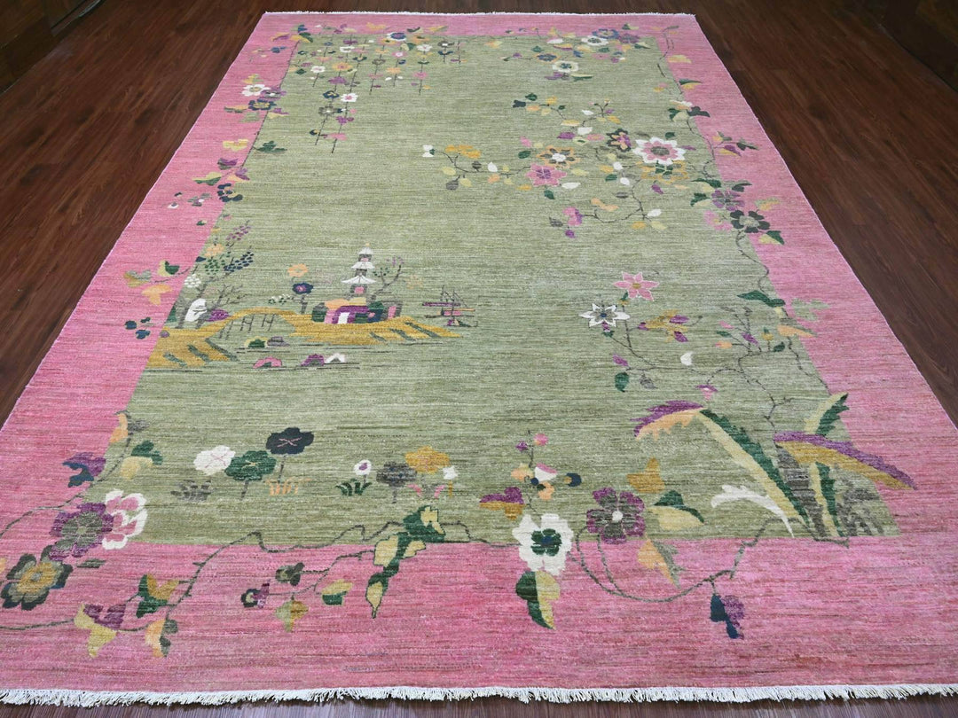 8'11" x 12'3" New Hand Knotted Green Wool Rectangle Oriental Rug - MOA10220545