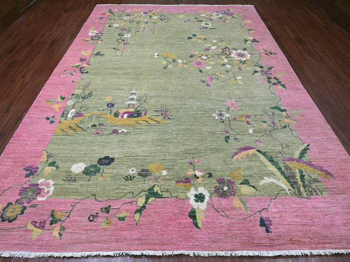 8'11" x 12'3" New Hand Knotted Green Wool Rectangle Oriental Rug - MOA10220545