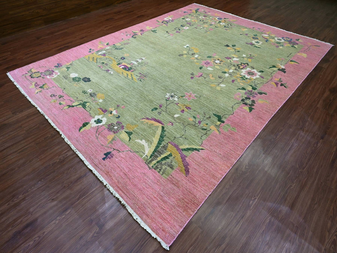 8'11" x 12'3" New Hand Knotted Green Wool Rectangle Oriental Rug - MOA10220545