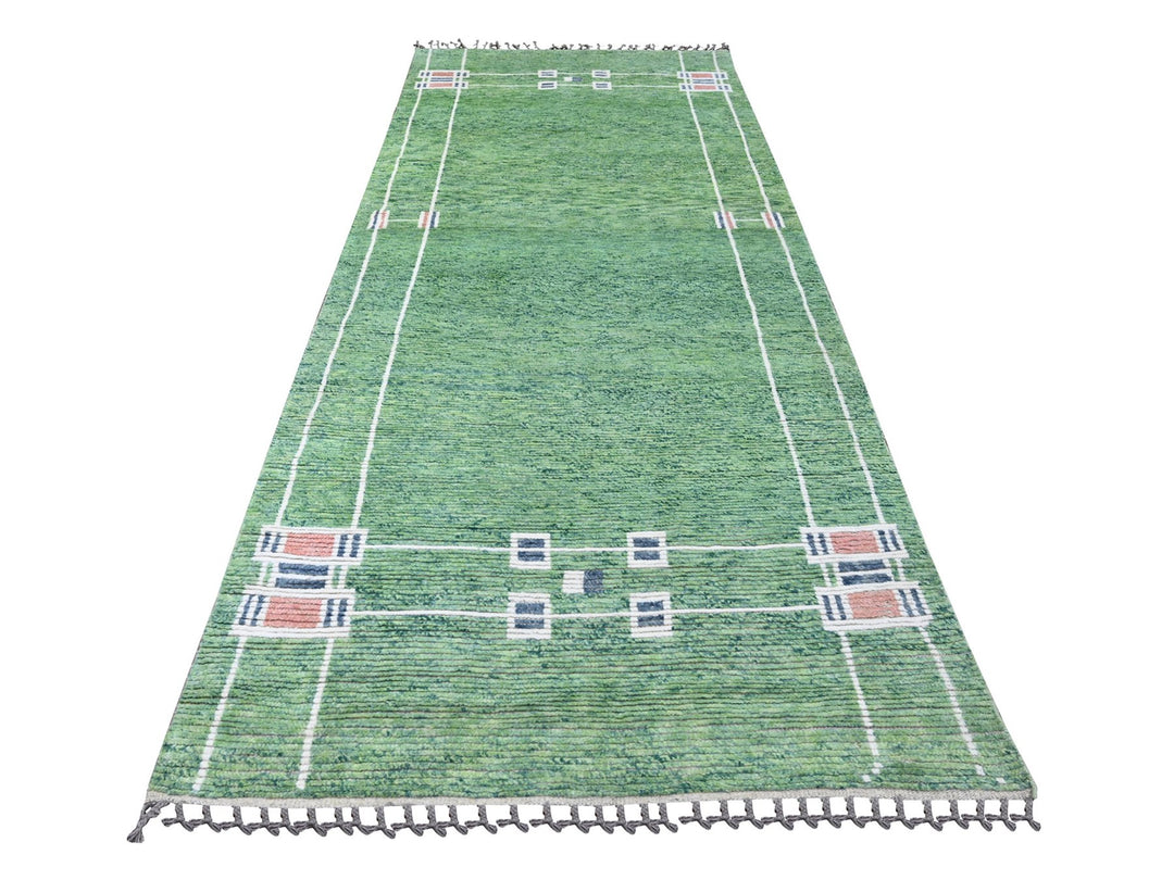 5'1" x 12'3" New Hand Knotted Green Wool Runner Oriental Rug - MOA10220548