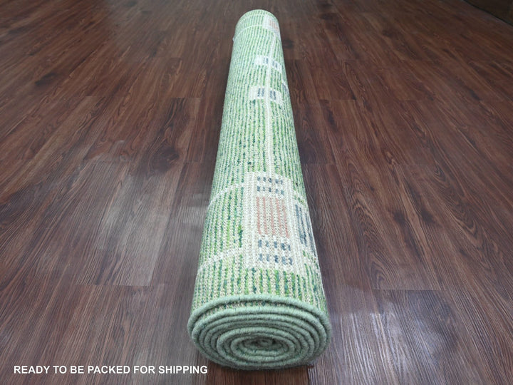 5'1" x 12'3" New Hand Knotted Green Wool Runner Oriental Rug - MOA10220548