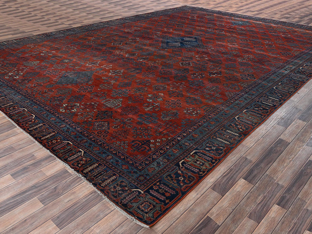 12'6" x 17'9" Vintage Hand Knotted Red Wool Rectangle Oriental Rug - MOA1022058