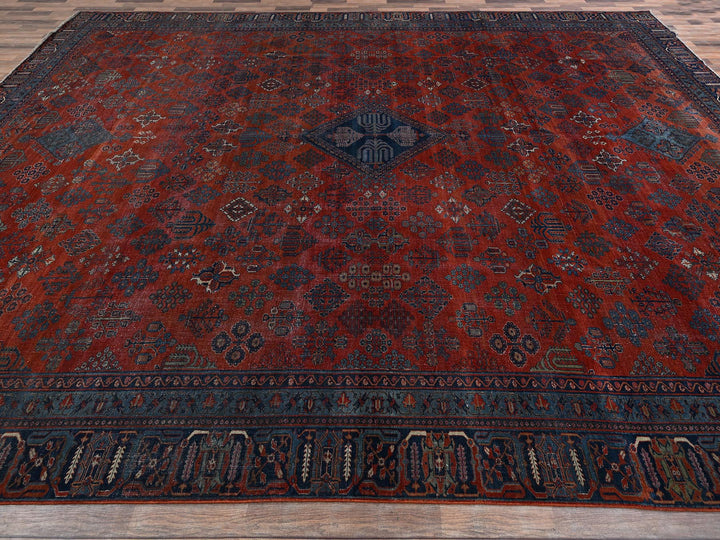 12'6" x 17'9" Vintage Hand Knotted Red Wool Rectangle Oriental Rug - MOA1022058