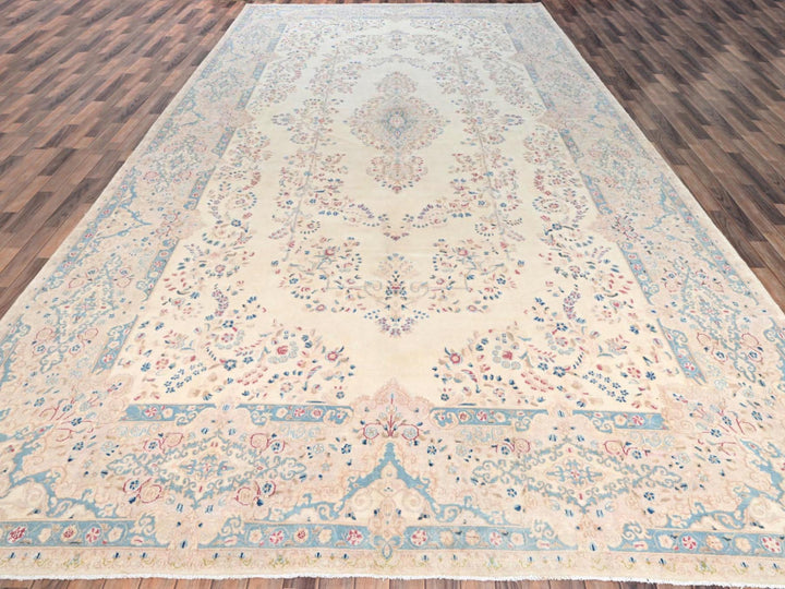 10'8" x 19'11" Vintage Hand Knotted Ivory Wool Rectangle Oriental Rug - MOA1022060