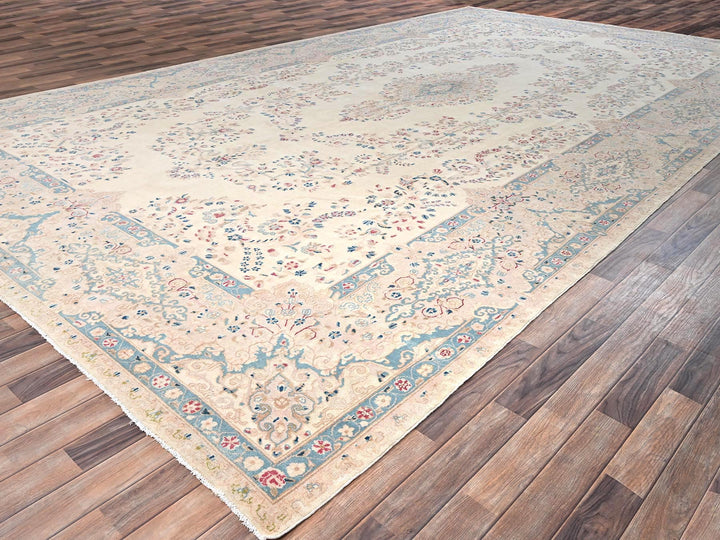 10'8" x 19'11" Vintage Hand Knotted Ivory Wool Rectangle Oriental Rug - MOA1022060