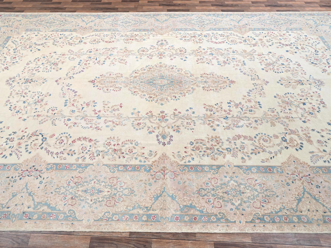 10'8" x 19'11" Vintage Hand Knotted Ivory Wool Rectangle Oriental Rug - MOA1022060