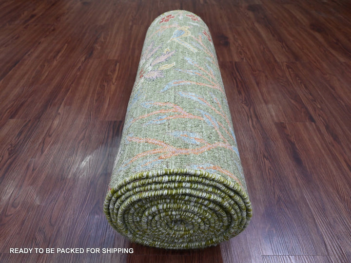 2'6" x 21'9" New Hand Knotted Green Wool Runner Oriental Rug - MOA10220614