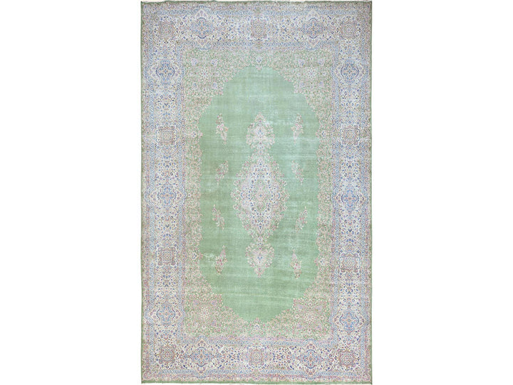 11'8" x 19'3" Vintage Hand Knotted Green Wool Rectangle Oriental Rug - MOA1022063