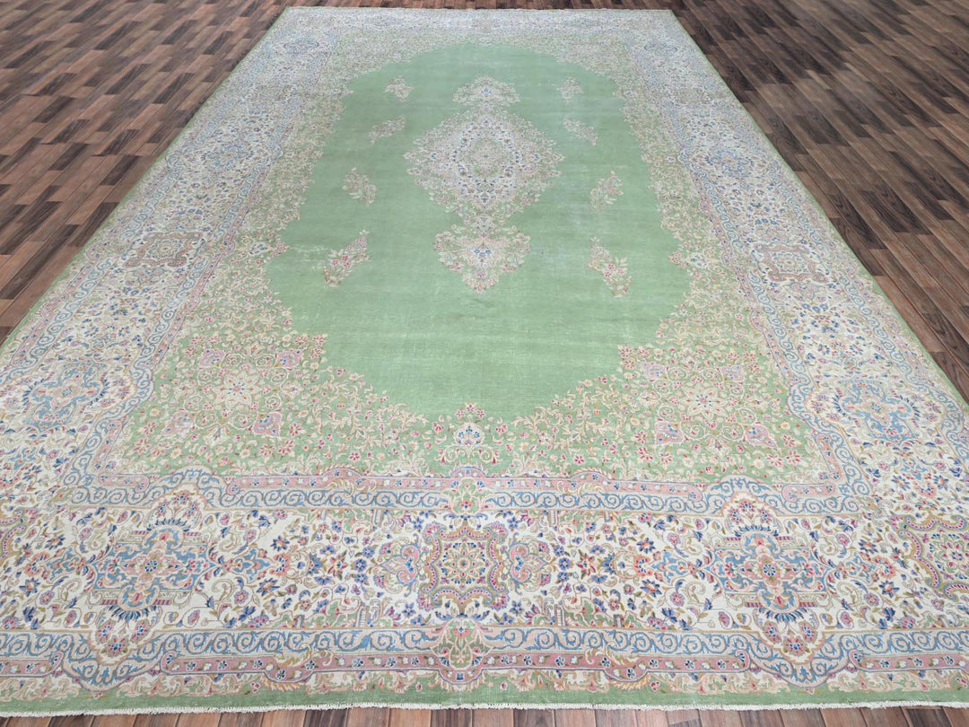 11'8" x 19'3" Vintage Hand Knotted Green Wool Rectangle Oriental Rug - MOA1022063