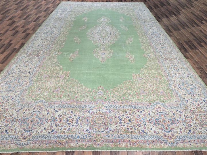 11'8" x 19'3" Vintage Hand Knotted Green Wool Rectangle Oriental Rug - MOA1022063