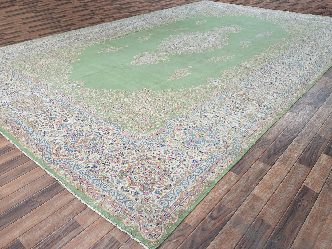 11'8" x 19'3" Vintage Hand Knotted Green Wool Rectangle Oriental Rug - MOA1022063