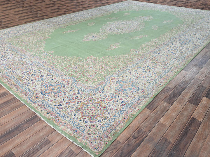11'8" x 19'3" Vintage Hand Knotted Green Wool Rectangle Oriental Rug - MOA1022063