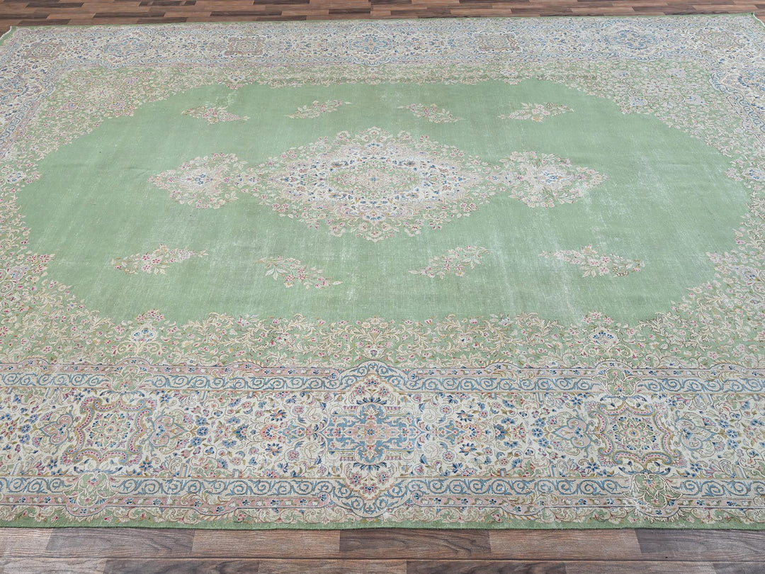 11'8" x 19'3" Vintage Hand Knotted Green Wool Rectangle Oriental Rug - MOA1022063