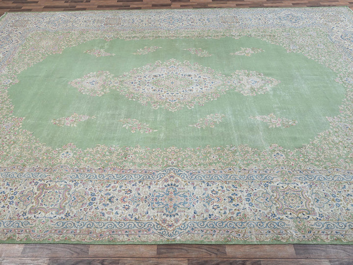 11'8" x 19'3" Vintage Hand Knotted Green Wool Rectangle Oriental Rug - MOA1022063