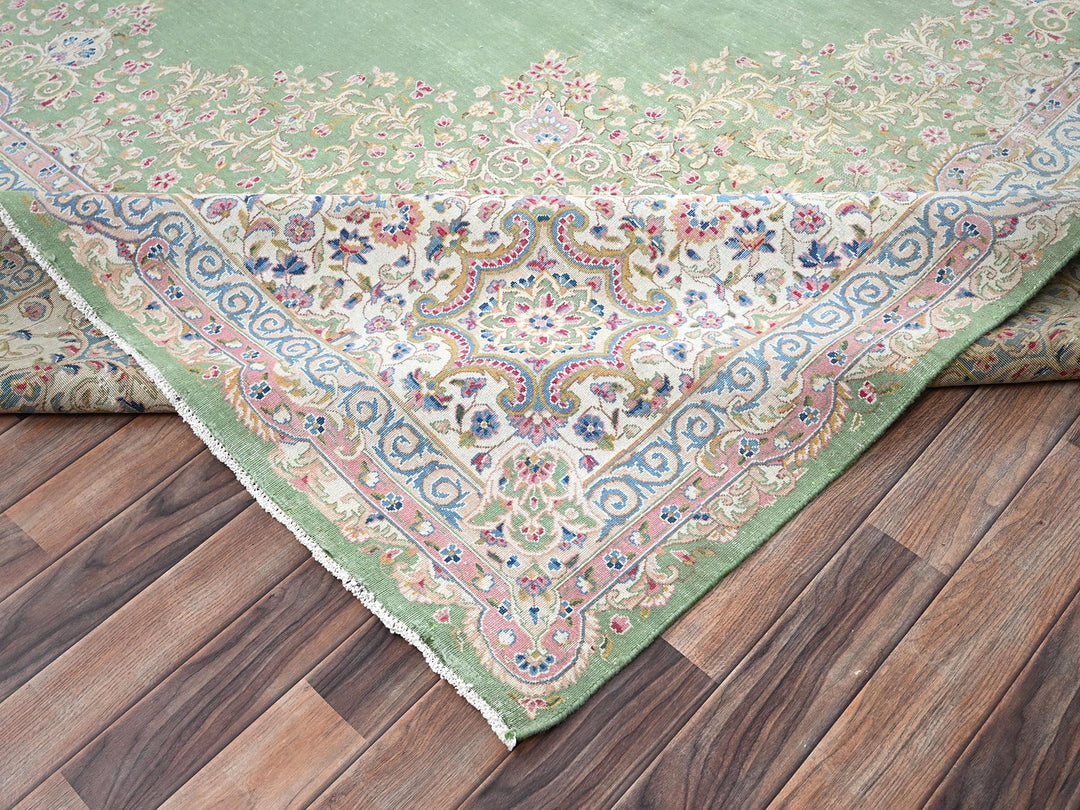 11'8" x 19'3" Vintage Hand Knotted Green Wool Rectangle Oriental Rug - MOA1022063