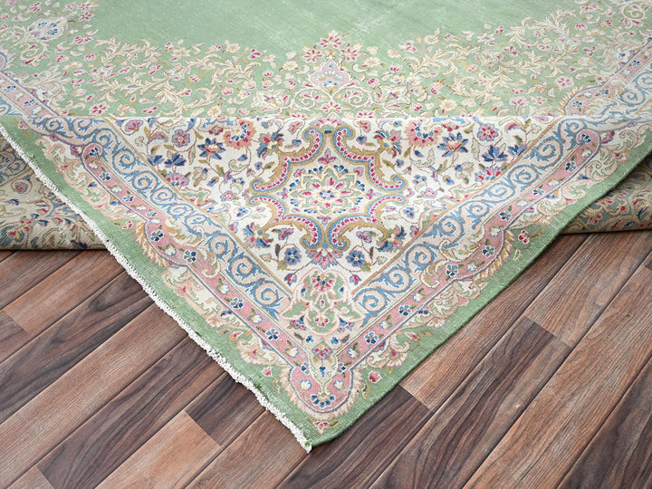 11'8" x 19'3" Vintage Hand Knotted Green Wool Rectangle Oriental Rug - MOA1022063