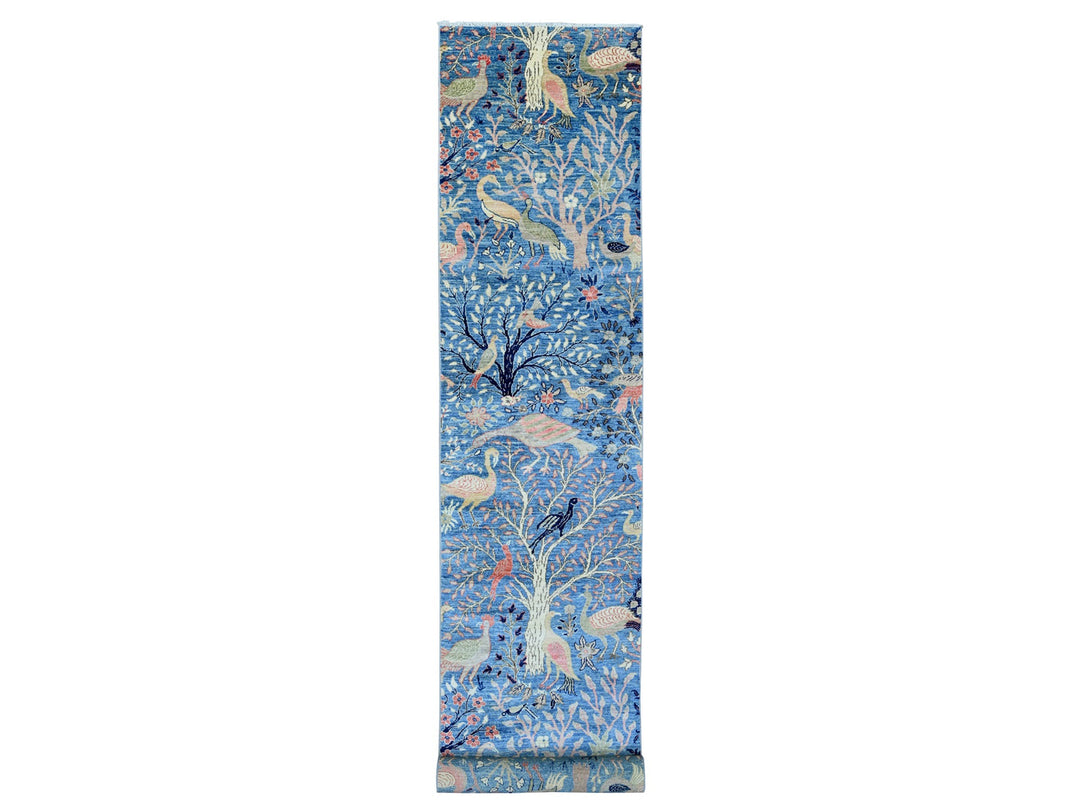 3'1" x 21'2" New Hand Knotted Blue Wool Runner Oriental Rug - MOA10220642
