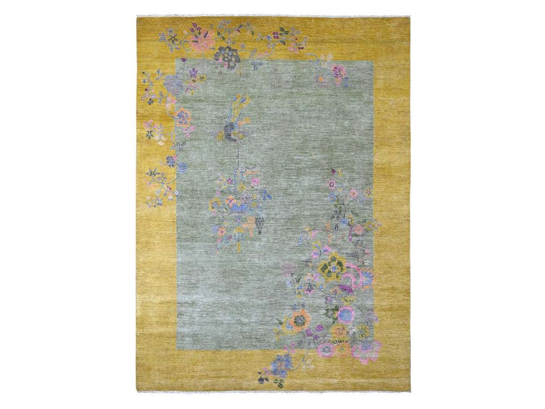 9'1" x 12'5" New Hand Knotted Green Wool Rectangle Oriental Rug - MOA10220655