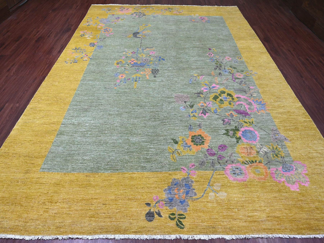 9'1" x 12'5" New Hand Knotted Green Wool Rectangle Oriental Rug - MOA10220655